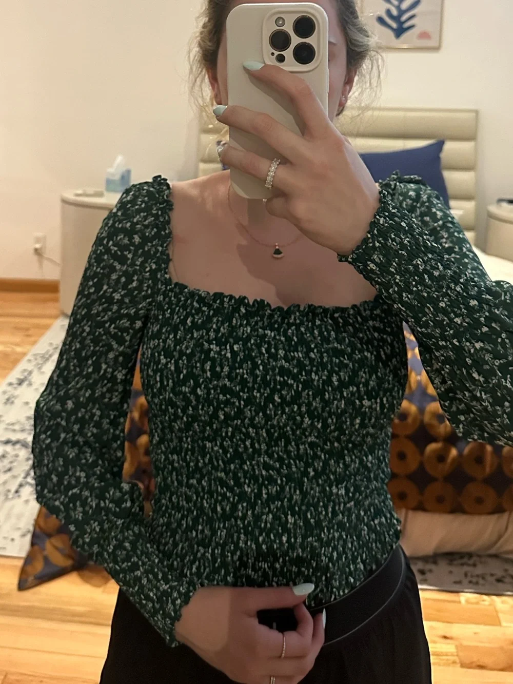 Reformation Emerald Green Smocked Long Sleeve Top